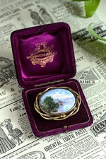 GENUINE ANTIQUE 14K GOLD SWISS ENAMEL MINIATURE PAINTING BROOCH BOXED 1854