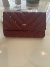 DKNY Large Fold Over Quilted Red Purse With Tiny Gold Studs dkny Logo Inside.