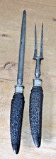 Antique Horn Handled Meat Carving Fork & Sharpener Silver Plated Collar