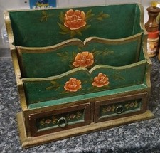 OLD HANDPAINTED HARDWOOD LETTER RACK FOR DESK OR HALL TABLE, GREEN WITH FLOWERS.