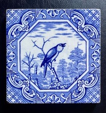 Antique Victorian MINTON HOLLINS Tile Blue White Dutch Series Bird c1871