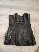 BNWOT Allure Leather Black Faux Leather Zip Strap & Chains Corset Top Size XL 