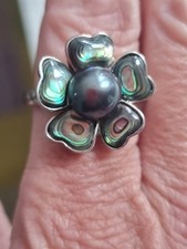 Sterling Silver Ring Black Pearl Abalone Petals Floral Style Cultured Size T