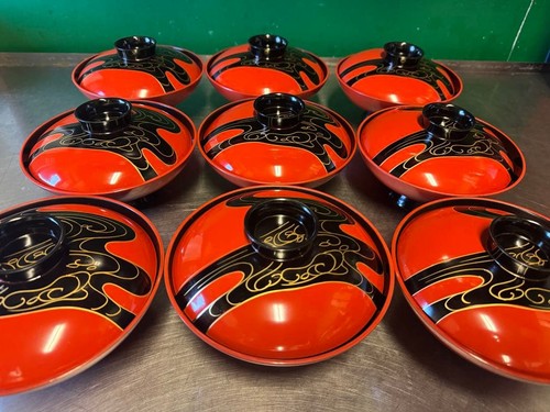 Vermilion lacquered bowl set - lacquered,
