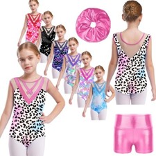 UK Girl Sleeveless Printed Dance Outfits with Metallic Shorts Gymnastics Costume