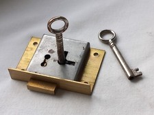 Vintage brass metal 2 lever lock 2 keys cabinet cupboard 2-1/2" x 1-3/4" x 1/2"