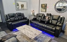 Black Eco Leather Powered Electric Recliner 3+2  Sofa Set With Drop Down Table 