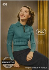 Vintage 1930s Trimmed with Tucks Knitting Pattern Beginner Jumper Bust 35-36