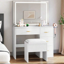Dressing Table With LED Lights Sliding Mirror And Stool Vanity Table Makeup Desk