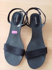 Topshop Black Strap Ankle Sandals Blocked Heel Faux Suede Size 6