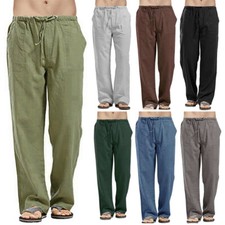 Men Cotton Linen Jogger Pants Straight-leg Loose Casual Elastic Waist Trousers