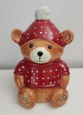 Large Festive Teddy Bear Cookie Jar Red Polka Dot Jumper & Hat with Pom Pon