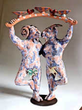 Laurance Simon Vintage Studio Ceramic Candelabra Sculpture. c.1990 Goats