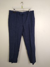 M&S Men's Tailored Sartorial Wool /Linen Navy Check Trousers W36" L31" NEW F2