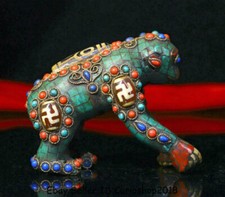 3.4" Old Tibet Bronze Turquoise Coral Inlay Gem Zodiac Year Animal Monkey Statue