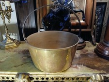 VERY LARGE ANTIQUE SOLID BRASS PRESERVE JAM PAN CAST IRON HANDLE 