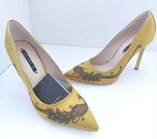 BNIB ZARA, EU 35 UK 2, Peacock Embroidered, Olive / Mustard Satin Pumps Heels