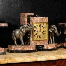 Art Deco Clock Set Elephants French C1925 Fully Working