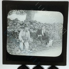 Edwardian gentleman rest on walk german shepherd puppy dog magic lantern 