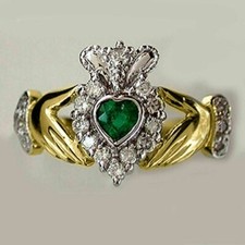 1.25 Ct Heart Cut Emerald & Diamond Claddagh Women's Ring 14k Two Tone Gold Over