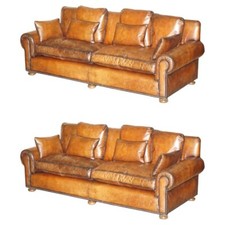PAIR OF RRP £52,000 RALPH LAUREN JAMAICA RESTORED HERITAGE BROWN LEATHER SOFAS