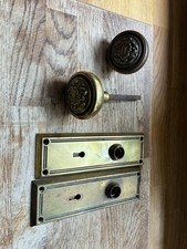 Pair Of Original Victorian Rose Brass Door Knobs On Plates with key hole