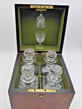 Antique Burr Maple Wooden Box Glass Decanter Tantalus - Brass Inlay Handles