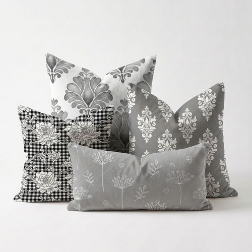 Floral gingham grey damask - floral,