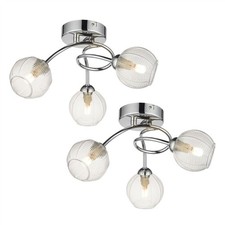 Set of 2 Modern Ceiling Lights 3 Arm Flush Swirl  Chrome Glass Shades