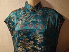 VINTAGE CHINESE CHEONGSAM. RAYON TURQUOISE TRADITIONAL TOP & TROUSERS M Sz 10