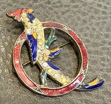 Victorian VTG Antique GUILLOCHE ENAMEL Rhinestone Bird Cockatoo C Clasp Brooch