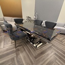 1.8m Arial Black & Gold Marble Dining Table U Shape and 6 Curve Back Chairs Set