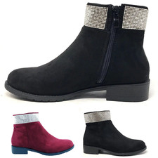 Ladies Ankle Boots Diamante Low Block Heel Faux Suede Flat Zip Shoes UK Size