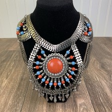 H&M Tribal Beaded Statement Bib Necklace Gun Metal Silver Tone Red Blue Beads