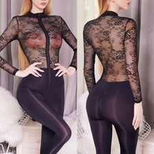 Women Sheer Lace Top Full Bodystocking Jumpsuit Zip Bodysuit Sleepwear