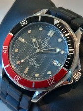 RARE ALPHA PLANET OCEAN BLACK RED BEZEL BLUE DIAL AUTOMATIC WATCH