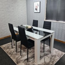 Dining White Black Wood Table and 4 Leather Chairs Dining Room Set