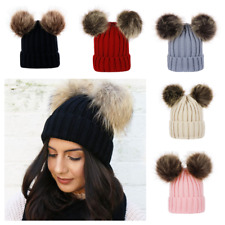 Fashion Women Winter Double Pom Pom Beanie Hat Ladies Warm Bobble Knitted Hat UK