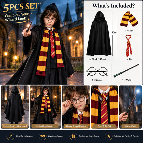 5pcs wizard costume set - wizard, hooded