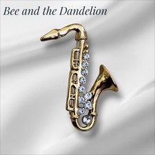 Gold Tone Saxophone Crystal  Brooch