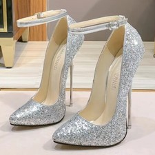 DeeCees Extreme 6" Ankle Strap Court Shoes In Silver Glitter UK Size 10 BNIB