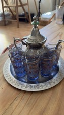 Moroccan Mint Tea Set: Silver Tray, Teapot, 5 Tea Glasses, Teapot Holder
