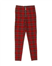 ZARA Womens Skinny Casual Trousers W24 L26 Red Plaid Viscose BF29