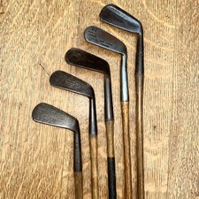 5 Old Golf Clubs All Wooden Shafts 2 Leather Wrapped Handles