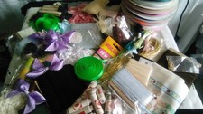 LARGE JOB LOT , ribbon, threads, bows, lace & 10 FULL ROLLS OF SATIN RIBBON C560