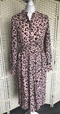 M&S HOLLY WILLOUGHBY SIZE 10 PINK LEOPARD PRINT PLEATED MIDI BELTED SHIRT DRESS