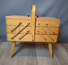 Vintage Sewing Box Wood Basket 3 Tier Accordion w/ Legs Handle P3258