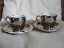 Pair of Royal Worcester Porcelain Silver Lustre Coffee Cups & Saucers x 2