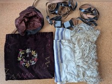 OLD ANTIQUE SET LEATHER TALLIT SHAWL KIPPAH & BAG JUDAICA JEWISH