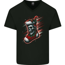 Christmas Skull Sock Xmas Heavy Metal Rock n Roll Mens V-Neck Cotton T-Shirt